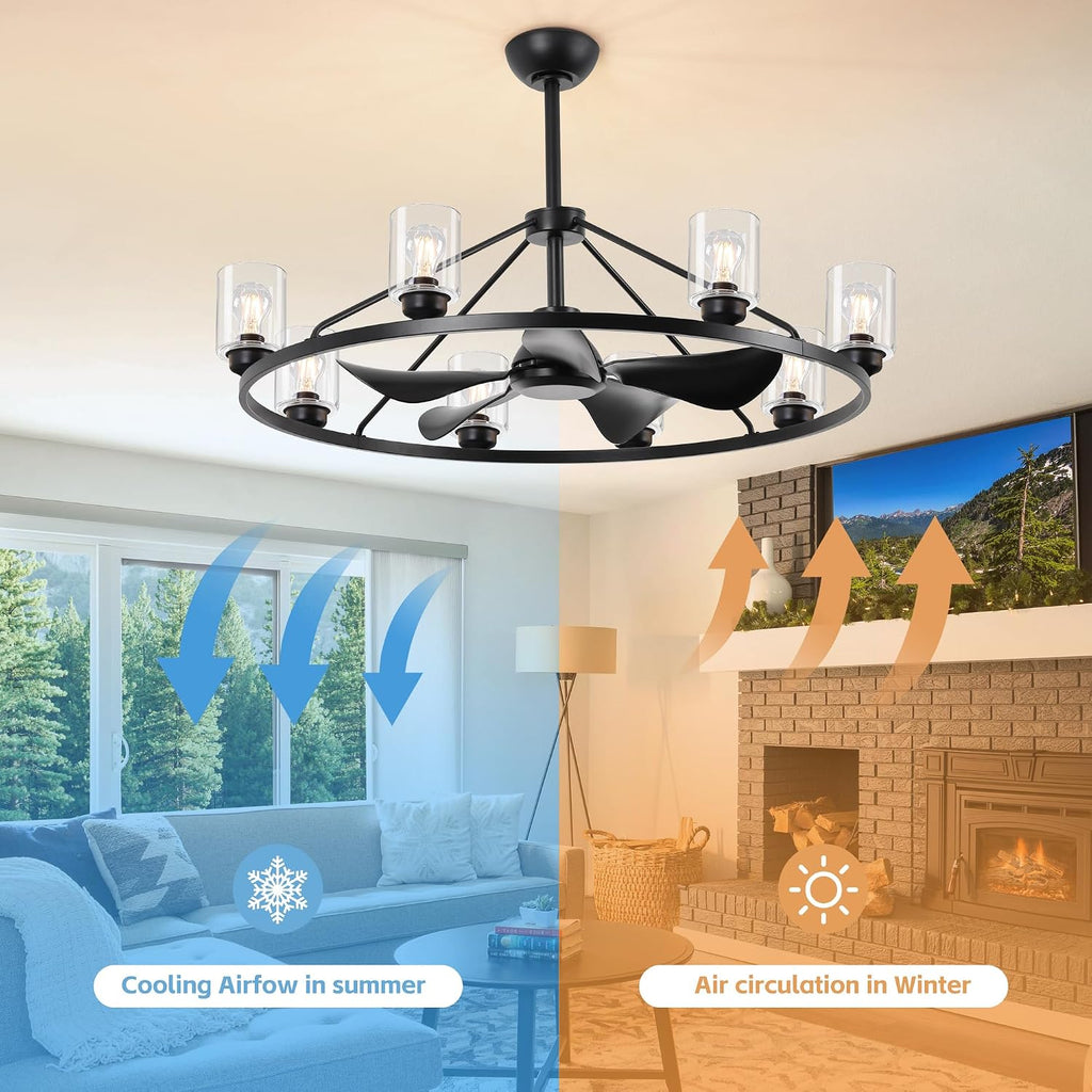 44' Large Ceiling Fans with Lights Wagon Wheel Chandelier, Farmhouse Fandelier Black Fans with Glass Lampshade Light Fixture,App control, 6 Speed, Timing, Adjustable Height for Dining Room Living Room