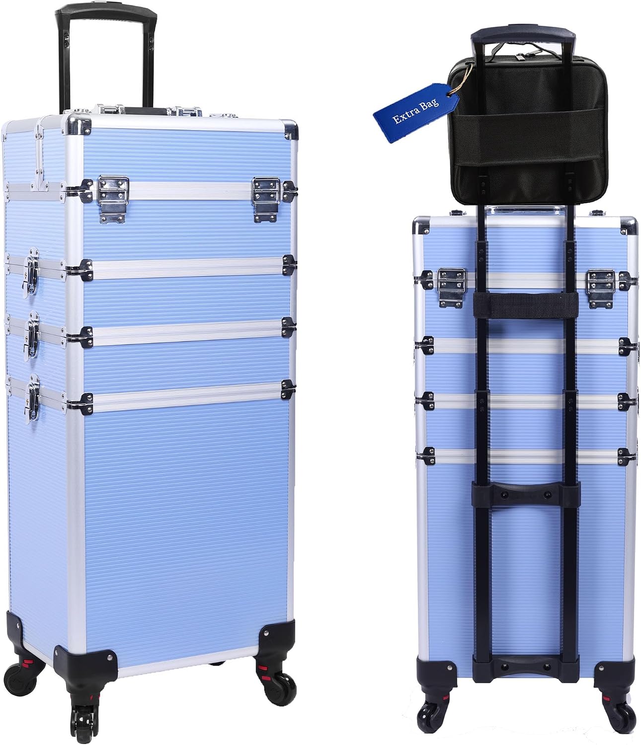 5-in-1 Rolling Makeup Train Case, Large Professional Cosmetic Trolley Organizer on Wheels with 360° Swivel Wheels, Lockable Black Aluminum Travel Case for Makeup Artists, Nail Techs & Hairstylists