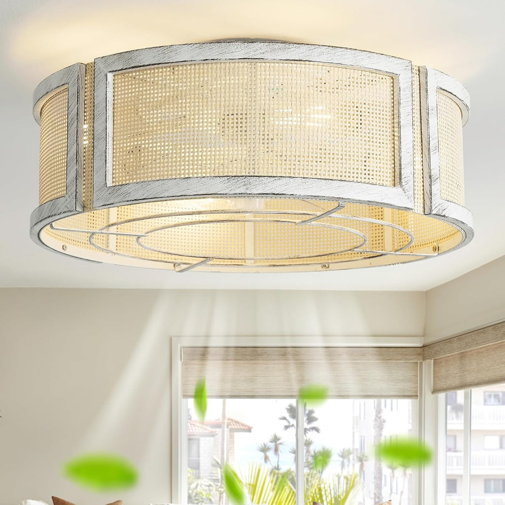 20' Boho Ceiling Fans with Lights, Rattan Ceiling Fans with Lights Remote Control, Flush Mount with 6 Speeds for Bedroom, Nursery, Living Room