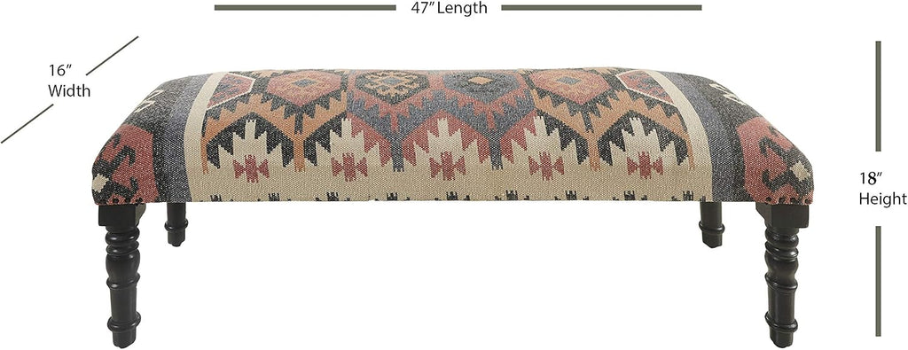 LR Home Upholstered Bench for Bedroom End of Bed |Southwestern Vintage Ottoman Bench with Cushion for Dining, Living Room, Entryway, Window, Outdoor | 47' W X 16' D X 18' H | Red/Ivory/Multicolor