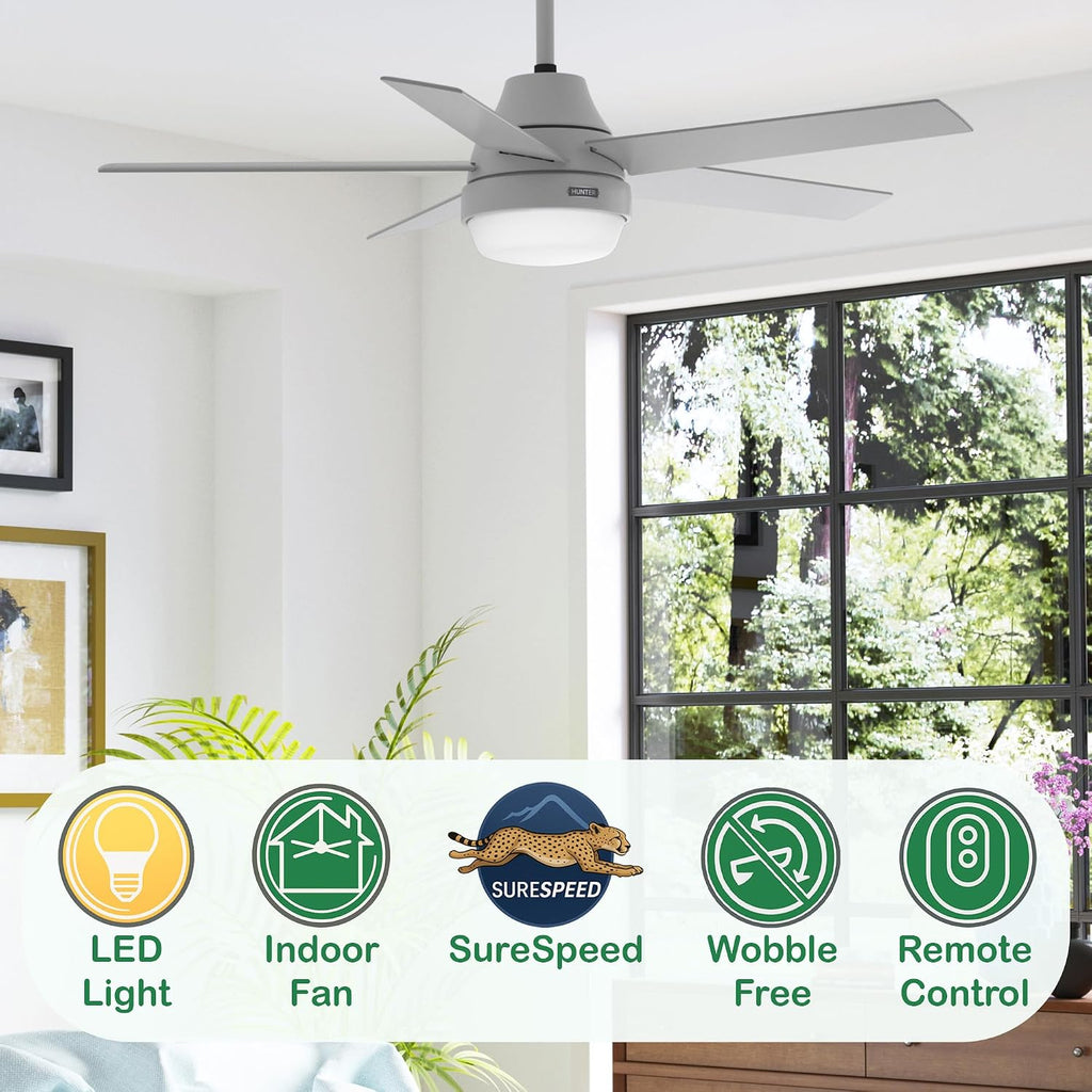 Hunter Fan 52 inch Indoor Ceiling Fan with Lights and Remote, Grey Ceiling Fan with 5 Blades for Bedroom, Living Room, Office, Kitchen (Renewed)