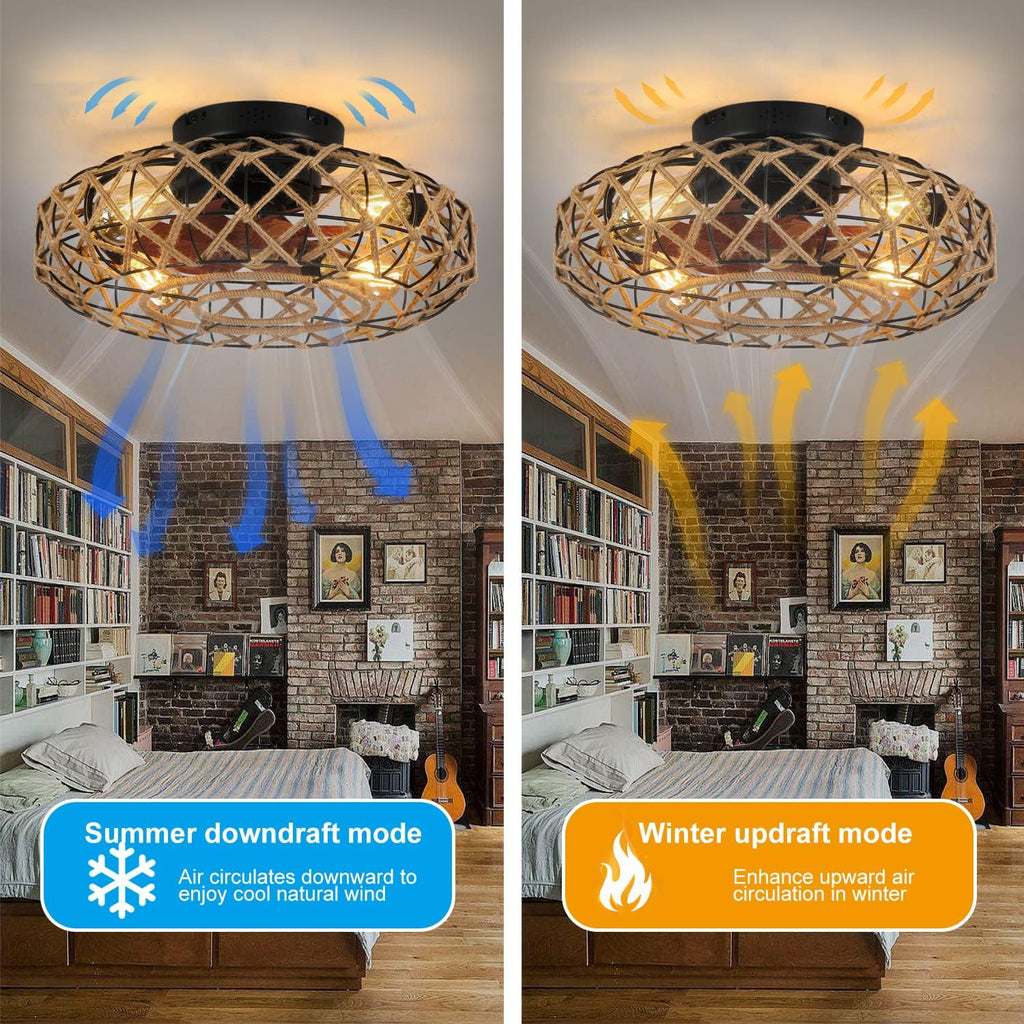 20''Rustic Hemp Rope Caged Ceiling Fans with Lights and Remote Hand-Woven Rattan Flush Mount Ceiling Fan with Light Farmhouse Boho Include Bulbs 6 Speeds Reversible for Bedroom,Kitchen Island
