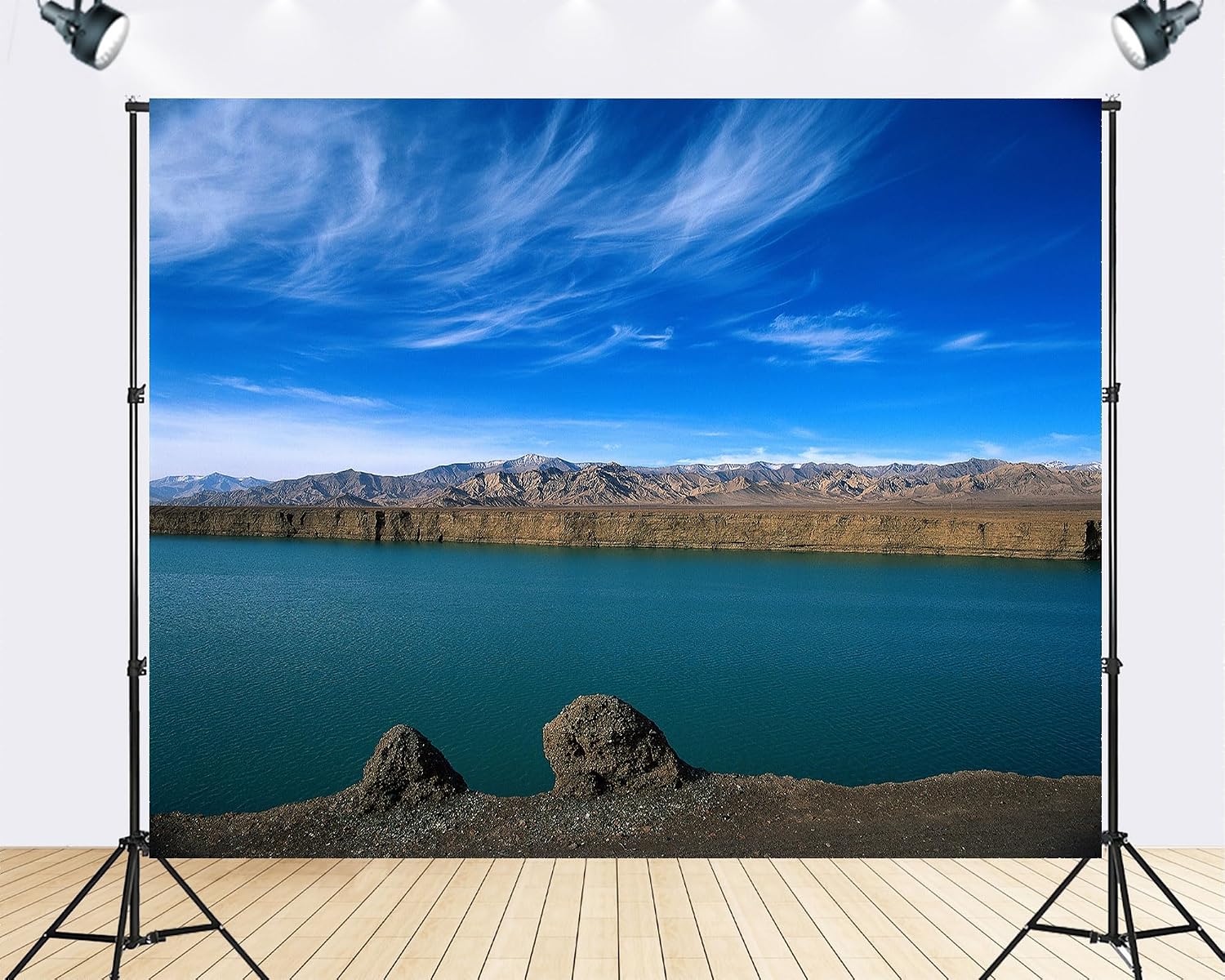 Trykid 20x10ft Turquoise Lake Backdrop Snow Capped Mountains Desert Cliffs Clear Blue Sky Rugged Terrain Photography Background Countryside Wedding Party Decoration Photo Booth Prop Fabric