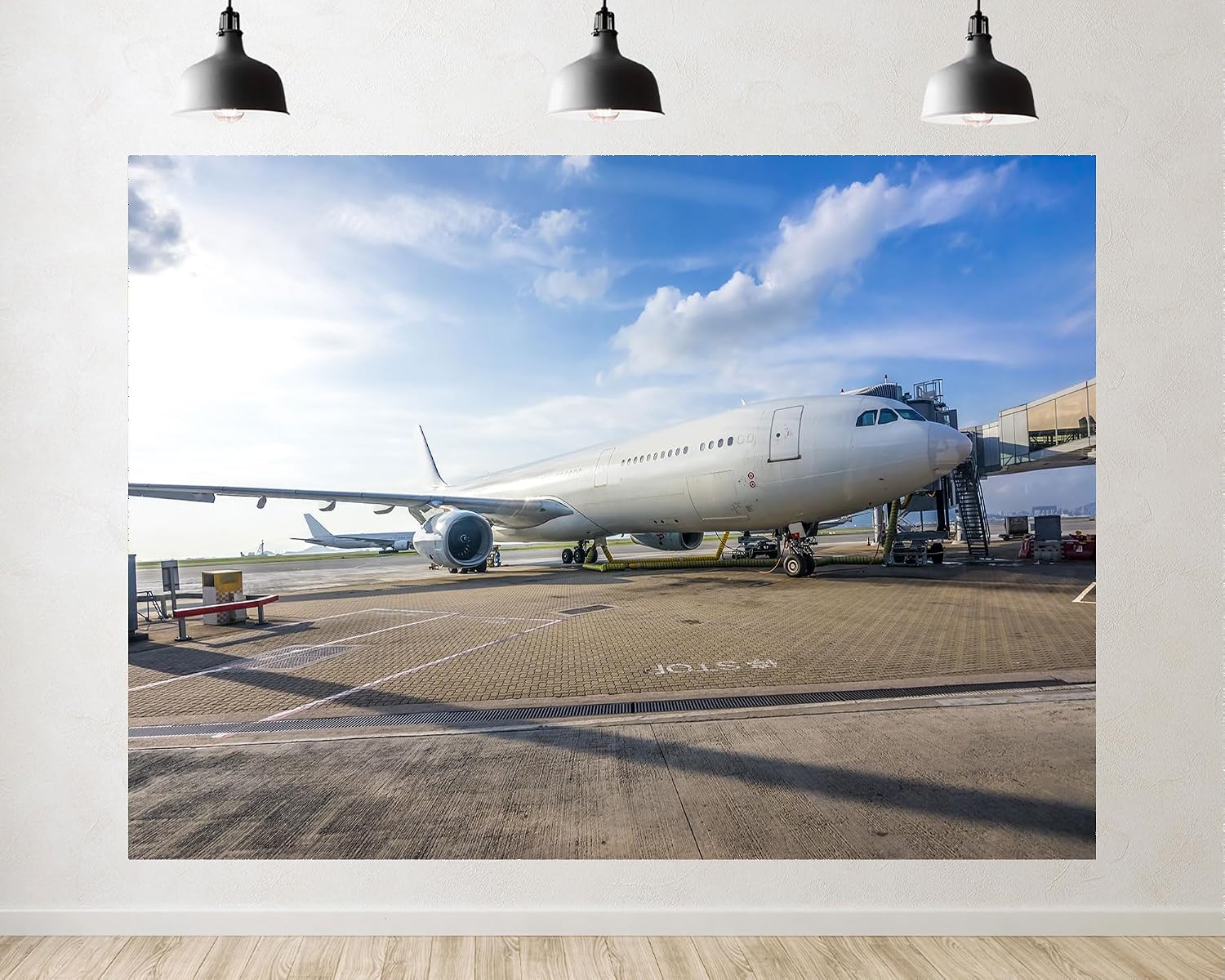Trykid 20x10ft Commercial Jet On Tarmac Backdrop Airport Terminal Clear Blue Sky Modern Aviation Photography Background Travel Themed Farewell Event Party Decoration Photo Booth Prop Fabric