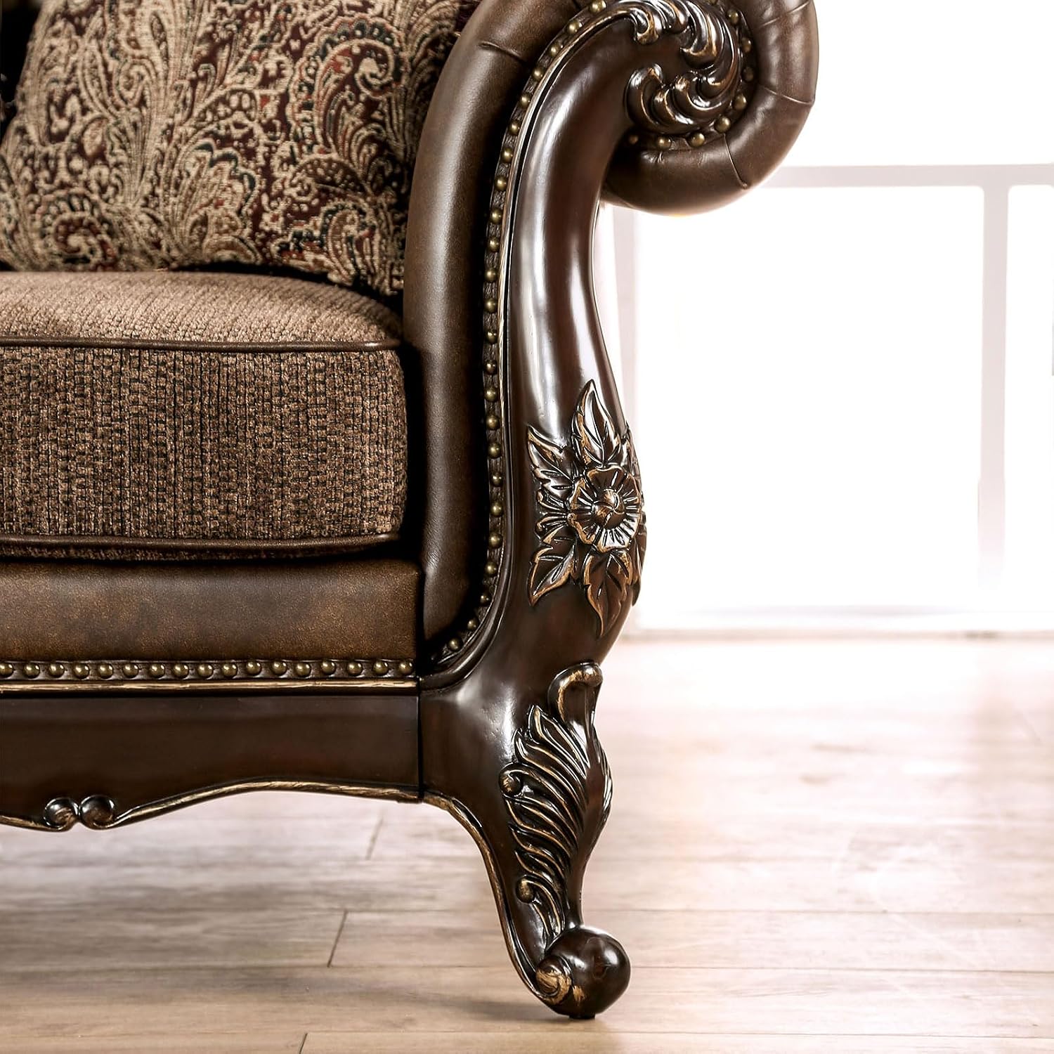 Furniture of America Grant Faux Leather 52-inch 1-Seater Chair with Button Tufted Back and Nailhead Trim, Accent Pillows Included & Carved Details for Living Room, Home Office, Brown