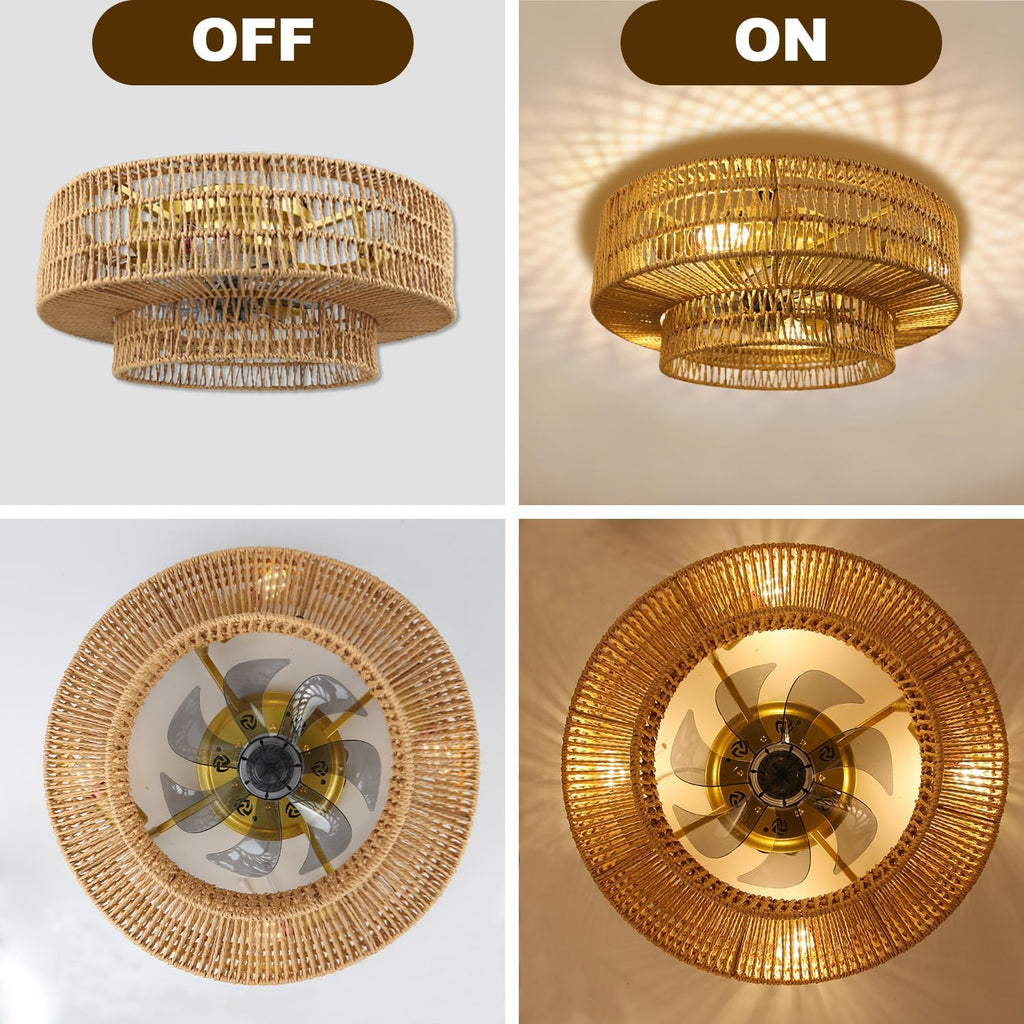 Boho Ceiling Fan with Light and Remote,Rattan Fandelier Ceiling Fan with Light with 3 Mode Lighting and E26 Bulbs for Bedroom, Nursery, Garage (Yellow)