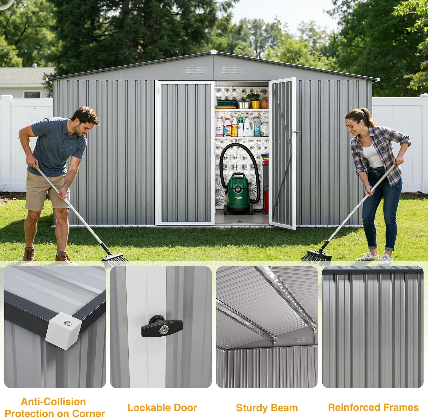 12 x 10FT Grey Outdoor Storage Shed, Metal Waterproof Shed Garden Tool Shed with Door and Lock Outdoor Storage,All-Weather Shelter for Bike, Gardening Tools, Lawn Mowers