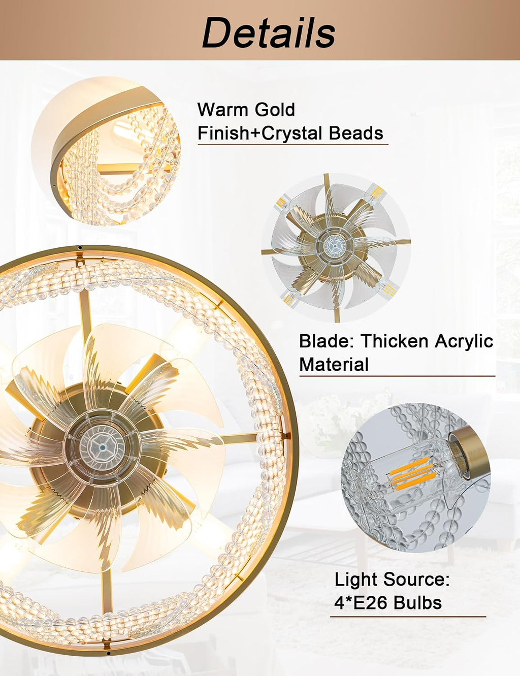 Dawn Whisper 20 Inch Gold Fandelier Ceiling Fans with Lights Flush Mount Low Profile Crystal Chandelier Fans for Bedroom Kids Room