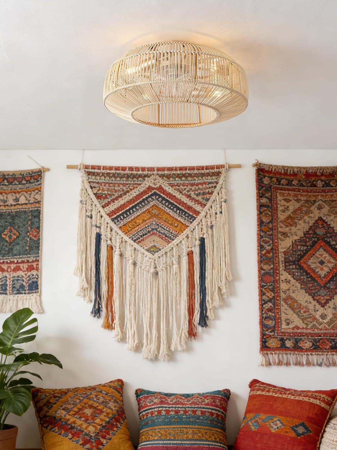 Boho Caged Ceiling Fan with Light, 20' Rattan Flush Mount Ceiling Fans with Lights Remote Contro, Bladeless Enclosed Fandelier Fan Safe for Bedroom, Living room, Nursery