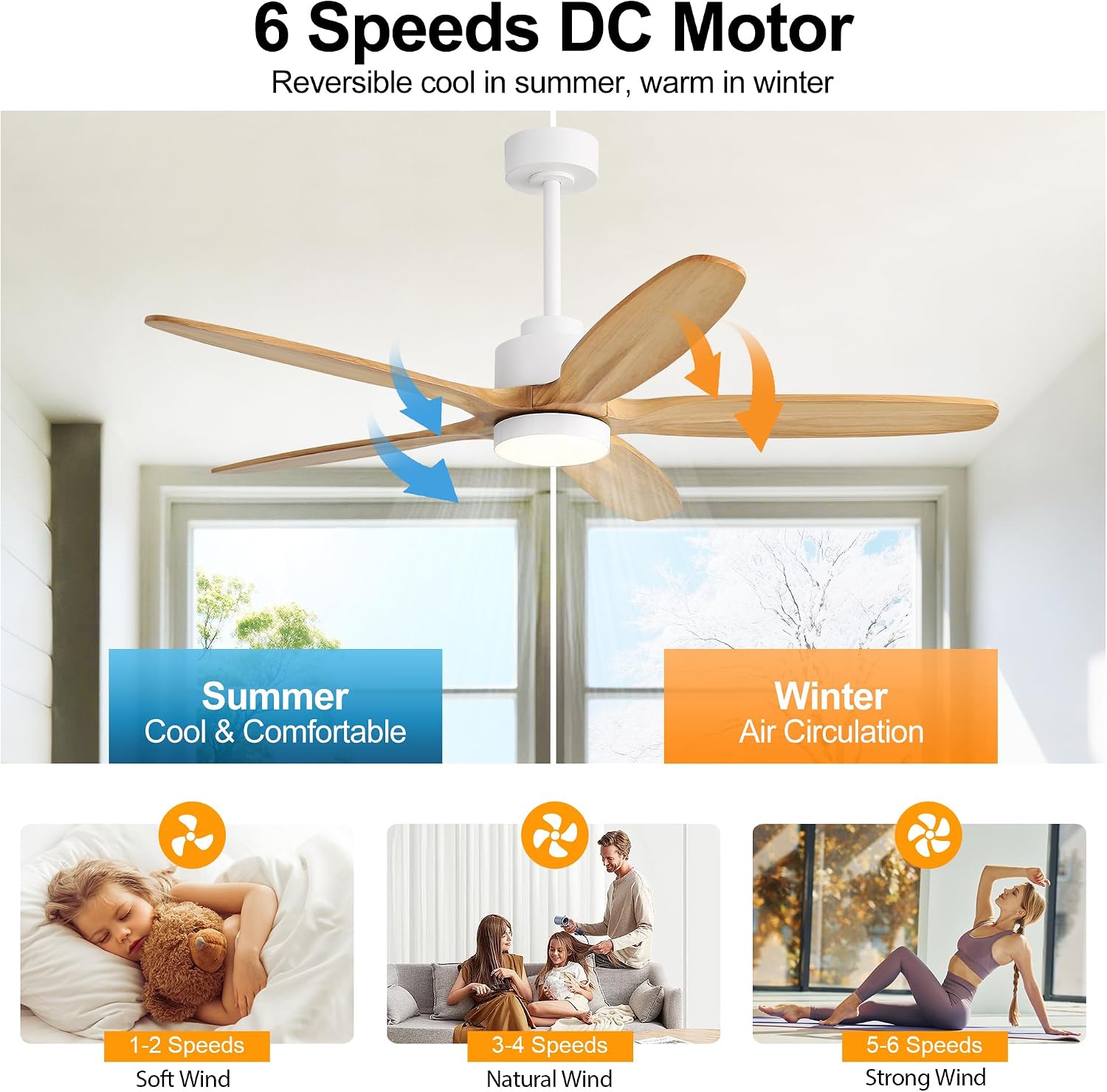 WINGBO 54' Ceiling Fan with Light - 5 Carved Solid Wood Blades, 6-Speed Reversible DC Motor, Dimmable, 3CCT, Noiseless Remote Control Ceiling Fans with Lights for Bedroom Living Room, White and Oak