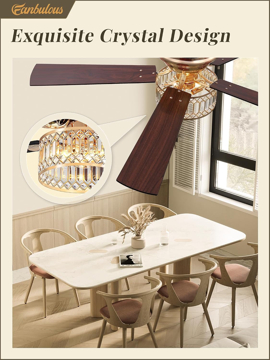 56 Inch Modern Farmhouse Fandelier Ceiling Fans with Lights, Gold Crystal Ceiling Fan with 6-Speeds, Quiet Reversible DC Motor, low profile ceiling fan with light for Bedroom, Living Room