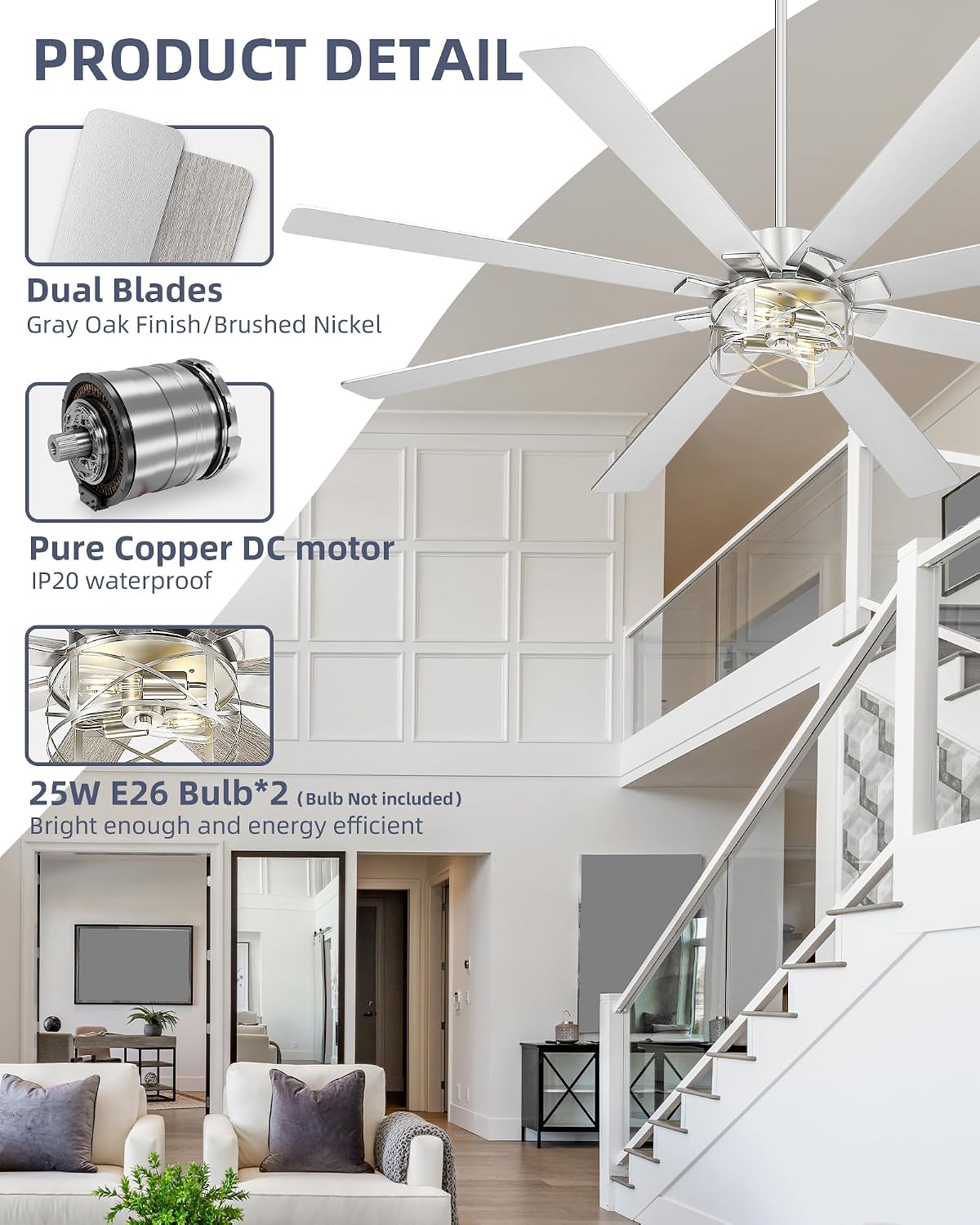 YOUKAIN Ceiling Fans with Lights, 72 Inch Farmhouse Ceiling Fan with Light and Remote, 8-Reversible, Brushed Nickel Finish, Indoor/Outdoor Ceiling Fans for Living Room, Bedroom, 72-YJ632-BNW