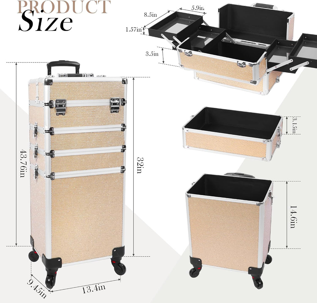 Professional Rolling Makeup Case with Wheels, 5-in-1 Makeup Train Case, Cosmetic Makeup Trolley Cart Travel Cosmetology Case On Wheels with Key for Hairstylists, Nail Tech (Gold Crystal)