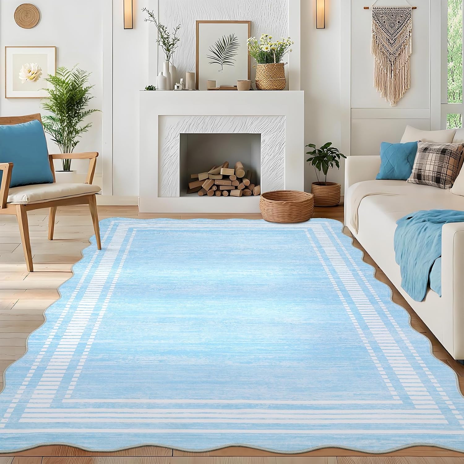 Garvee Washable Rugs 10x13 Area Rugs for Living Room Bedroom, Low Pile Ultra Soft Solid Neutral Carpet, Non Slip & Non Shedding Modern Scalloped Print Floor Mats for Home Decor, Light Blue