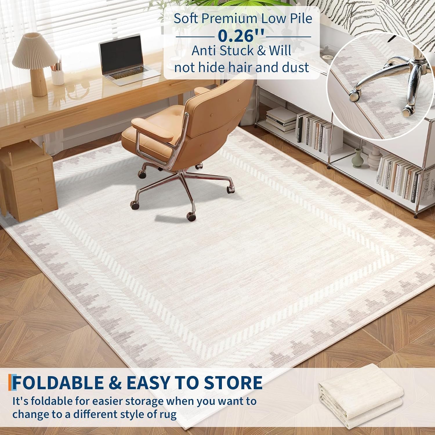 Washable 10x13 Area Rugs for Living Room Non Slip Modern Solid Bordered Rug, Stain Resistant Bordered Soft Carpet, Neutral Foldable Floor Rugs for Bedroom Dining Room Nursery Farmhouse,Ivory White