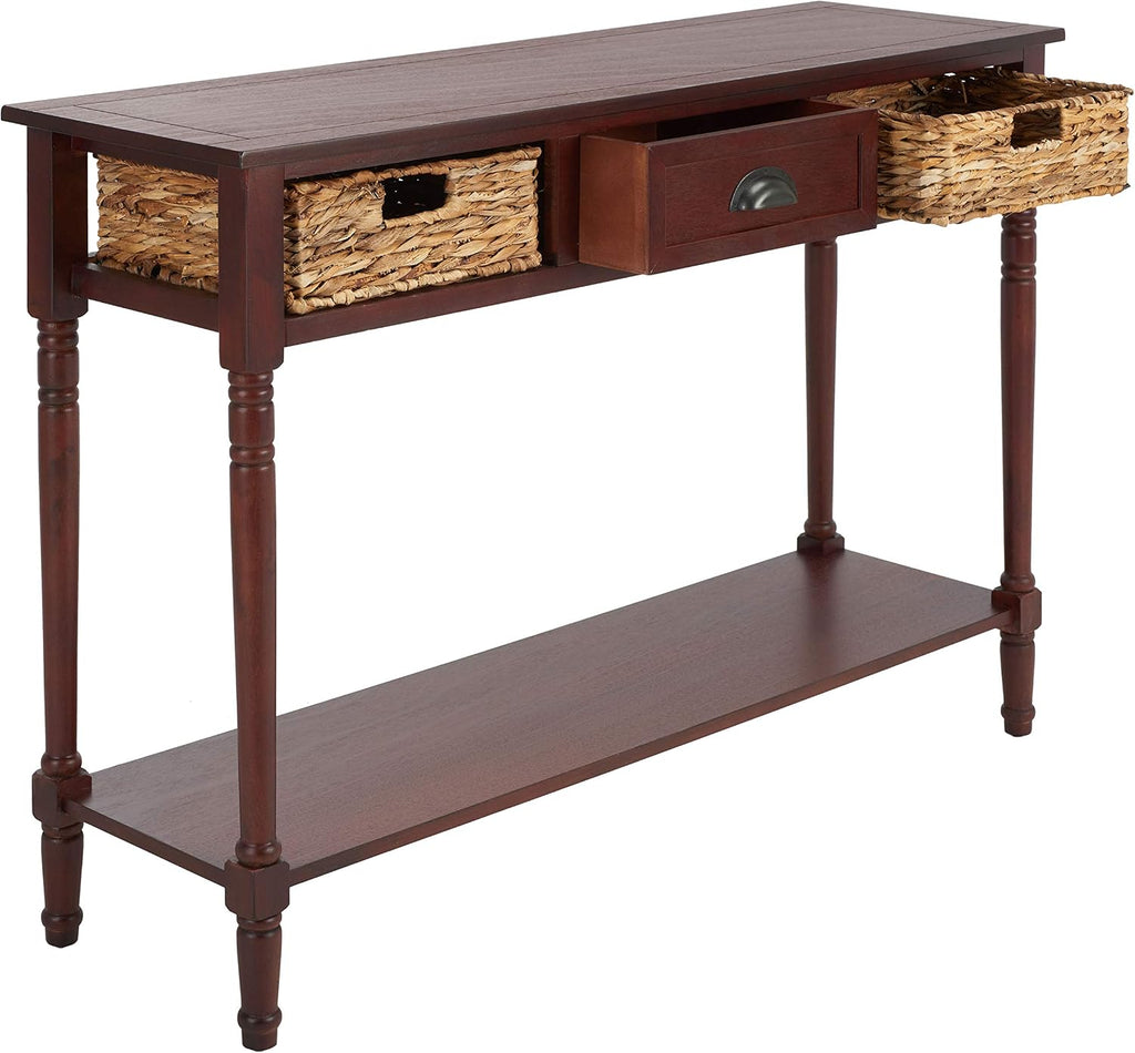 SAFAVIEH Home Collection – Christa Cherry Console Table with Rattan Drawers & Shelf, Coastal Cottage Storage Console, Vintage Design (AMH5737C)