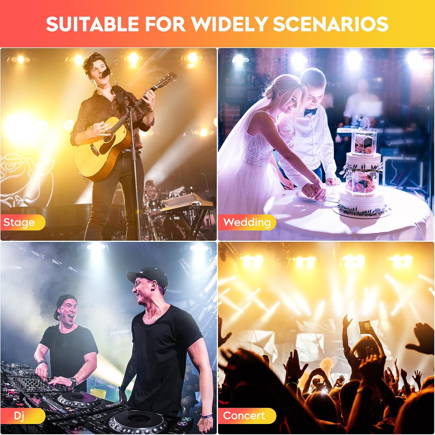Stage Lights with Barn Doors, 4x50W LED Par Can Lights DMX512 Sound Activated, Cool White and Warm White COB Spotlights Uplights for Events Wedding Parties Concert Church Theater Christmas Packs of 6