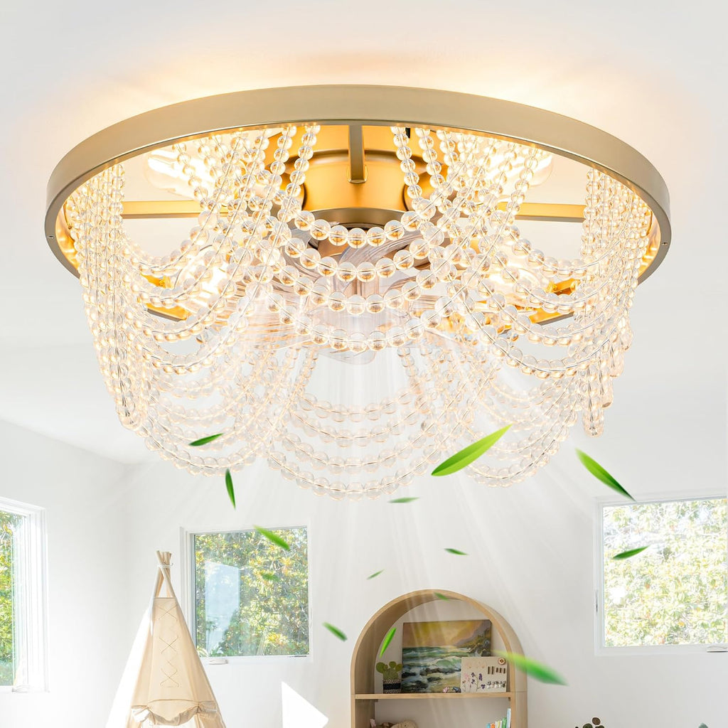 Dawn Whisper 20 Inch Gold Fandelier Ceiling Fans with Lights Flush Mount Low Profile Crystal Chandelier Fans for Bedroom Kids Room