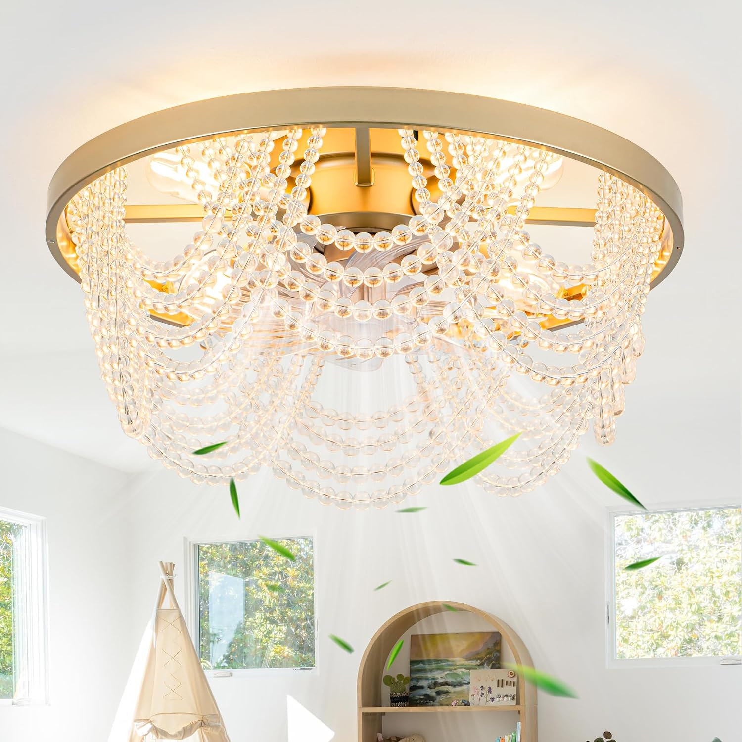 Dawn Whisper 20 Inch Gold Fandelier Ceiling Fans with Lights Flush Mount Low Profile Crystal Chandelier Fans for Bedroom Kids Room