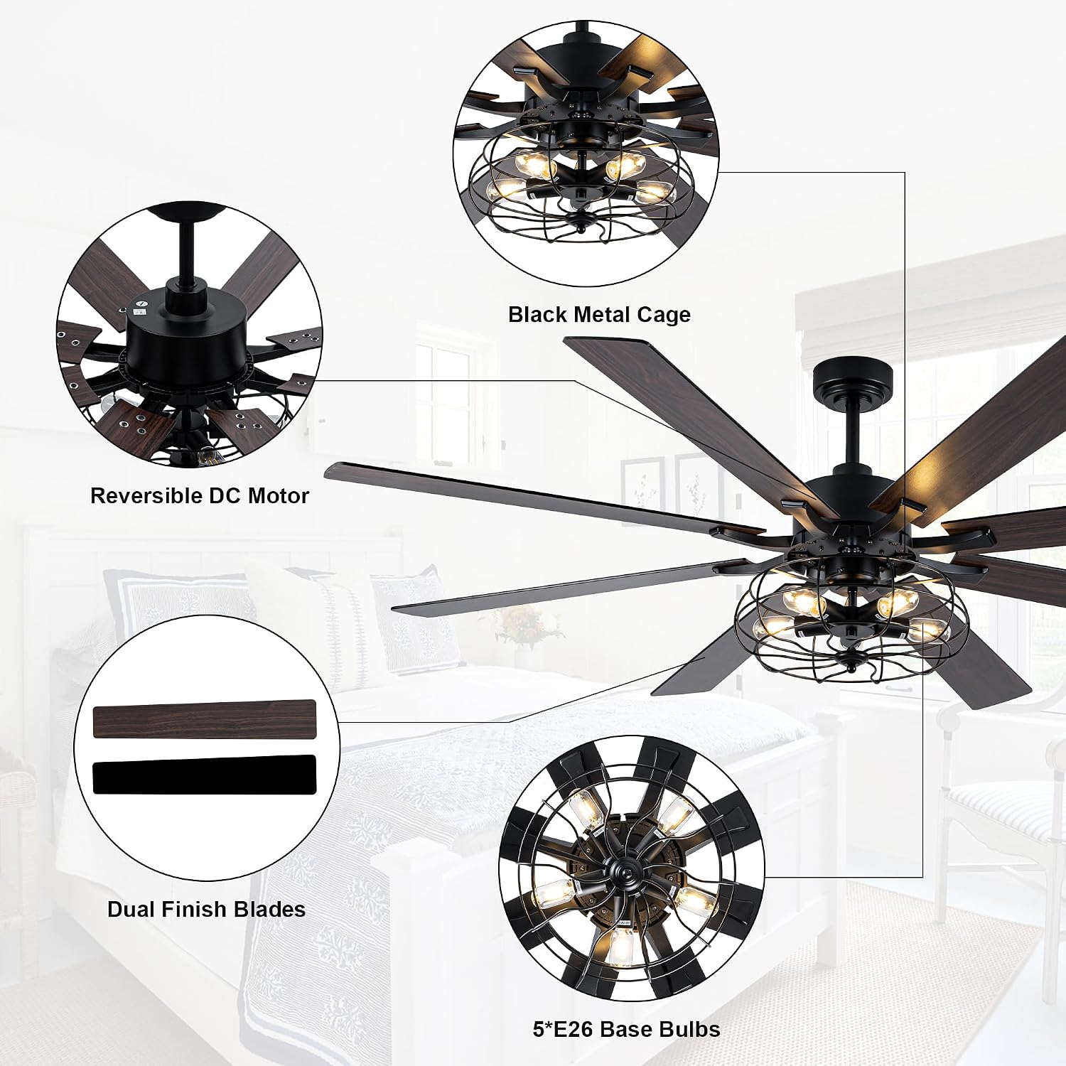 72 Inch Farmhouse Ceiling Fan with Lights and Remote Industrial Caged Ceiling Fan Large Rustic Fandelier Chandelier Light for Indoor Outdoor, 5 E26 Bulbs (Not Included), Reversible 6 Speeds