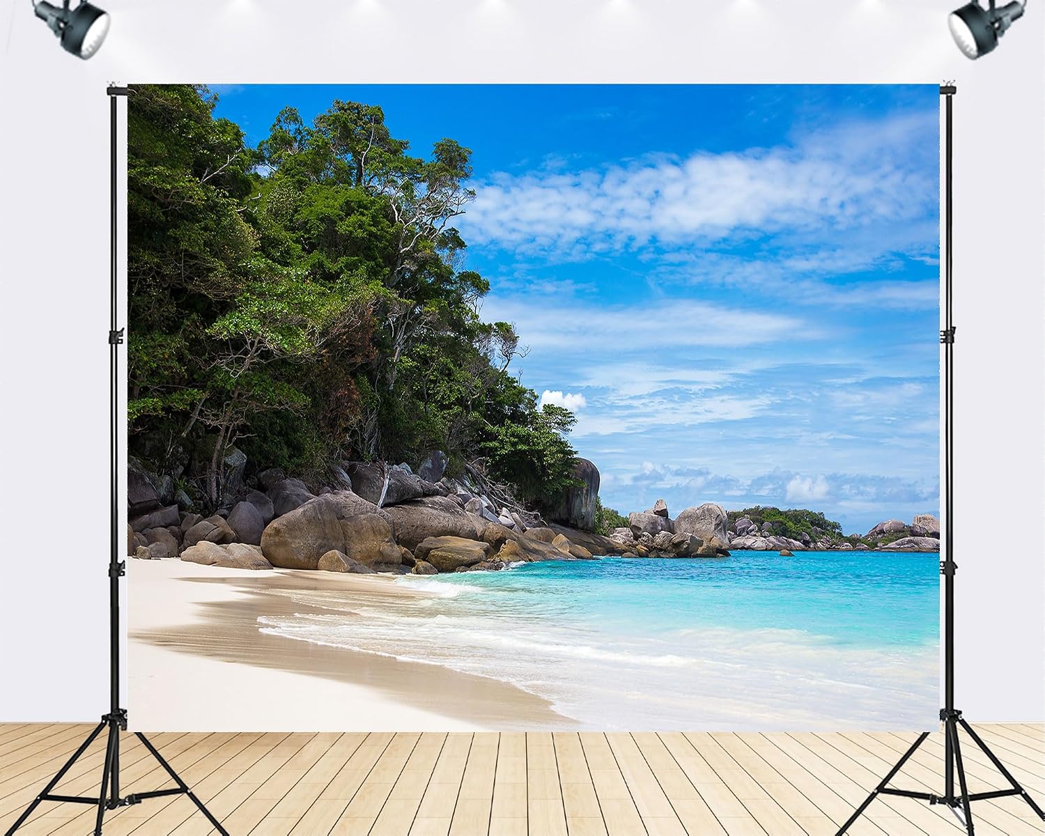 Trykid 20x10ft Rocky Coastal Beach Backdrop Lush Jungle Turquoise Waters Clear Blue Sky Photography Background Nature Exploration Adventure Party Decoration Photo Booth Studio Prop Fabric