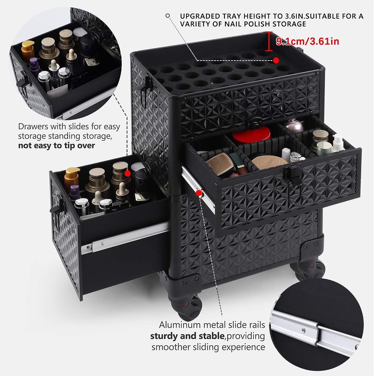 Makeup Train Case with Drawer, Rolling Makeup Case, Cosmetology Case on Wheels, Gift, Large Makeup Case Organizers, Professional for Salon Barber, Nail, Tattoo, Black