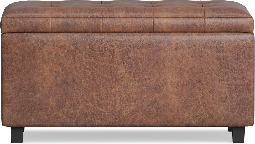 SIMPLIHOME Cosmopolitan Storage Ottoman - 34 inch Wide Upholstered Vegan Leather Rectangle Storage Ottoman Bench in Distressed Saddle Brown, Transitional Tufted Ottoman for Entryway with Lift-Up Lid