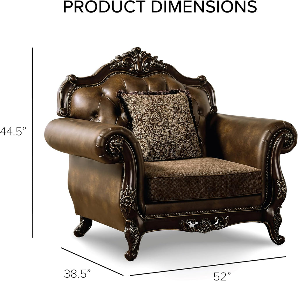 Furniture of America Grant Faux Leather 52-inch 1-Seater Chair with Button Tufted Back and Nailhead Trim, Accent Pillows Included & Carved Details for Living Room, Home Office, Brown