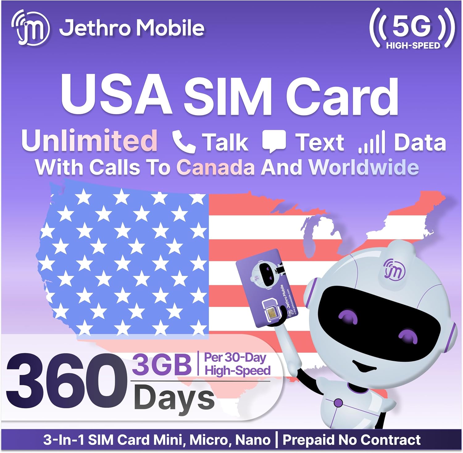 Jethro Mobile Prepaid Plan – 365 Days of Unlimited Talk & Text + 3GB High-Speed Data | Works with iPhone, Android & Feature Phones | 3-in-1 SIM Card