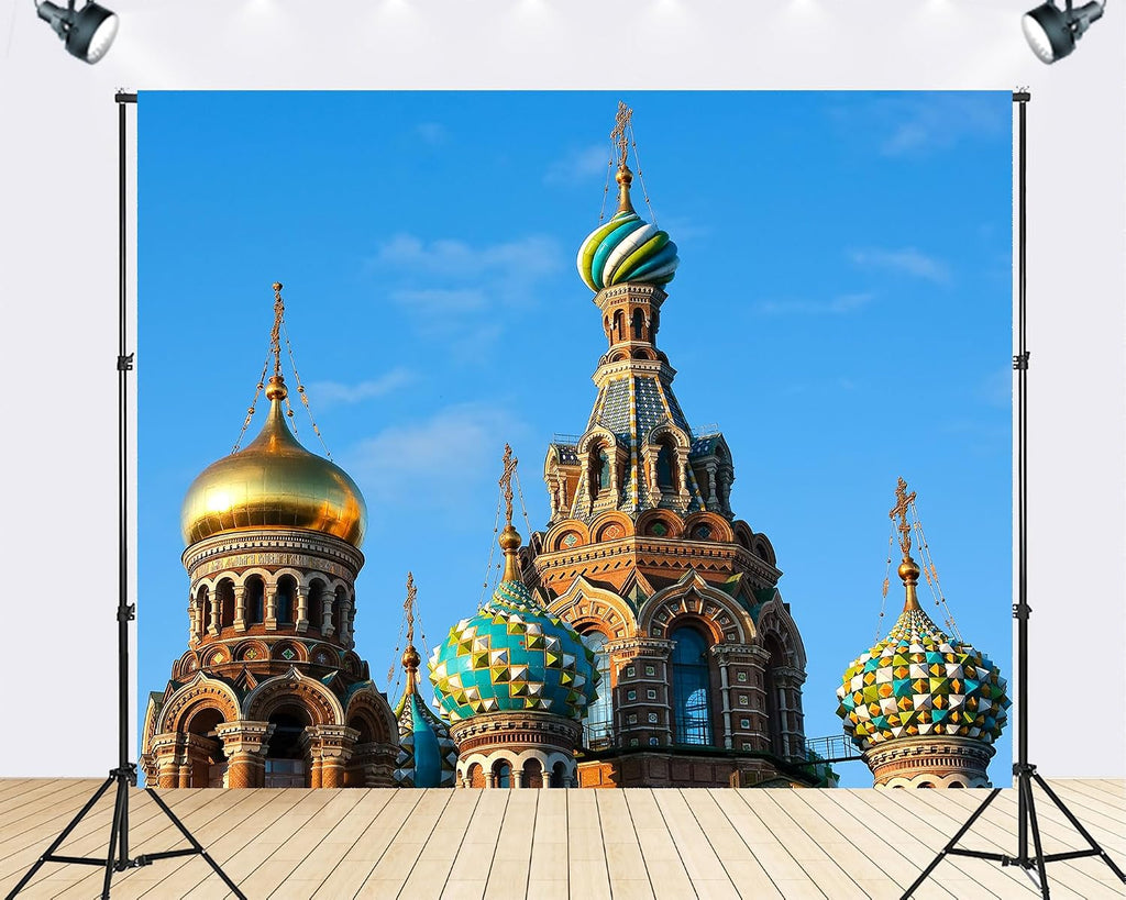 Trykid 20x10ft Orthodox Church Backdrop Colorful Domes Intricate Mosaics Clear Blue Sky Religious Architecture Photography Background Cultural Party Decoration Photo Booth Prop Fabric