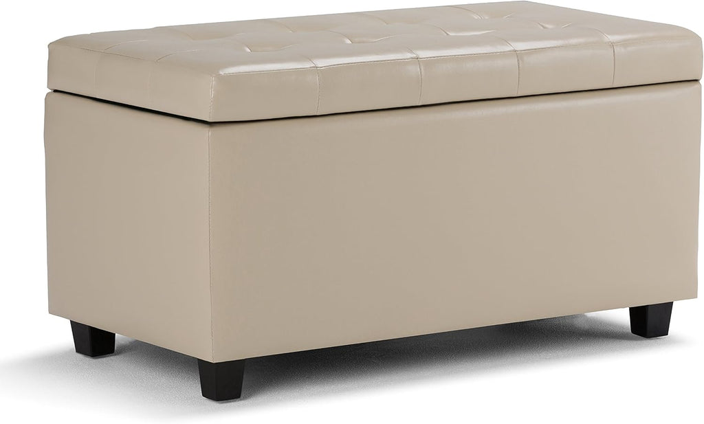 SIMPLIHOME Cosmopolitan Storage Ottoman - 34 inch Wide Upholstered Vegan Leather Rectangle Storage Ottoman Bench in Satin Cream, Transitional Tufted Ottoman for Living Room with Lift-Up Lid