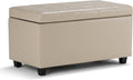 SIMPLIHOME Cosmopolitan Storage Ottoman - 34 inch Wide Upholstered Vegan Leather Rectangle Storage Ottoman Bench in Satin Cream, Transitional Tufted Ottoman for Living Room with Lift-Up Lid