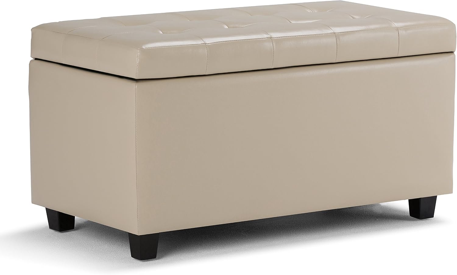 SIMPLIHOME Cosmopolitan Storage Ottoman - 34 inch Wide Upholstered Vegan Leather Rectangle Storage Ottoman Bench in Satin Cream, Transitional Tufted Ottoman for Living Room with Lift-Up Lid