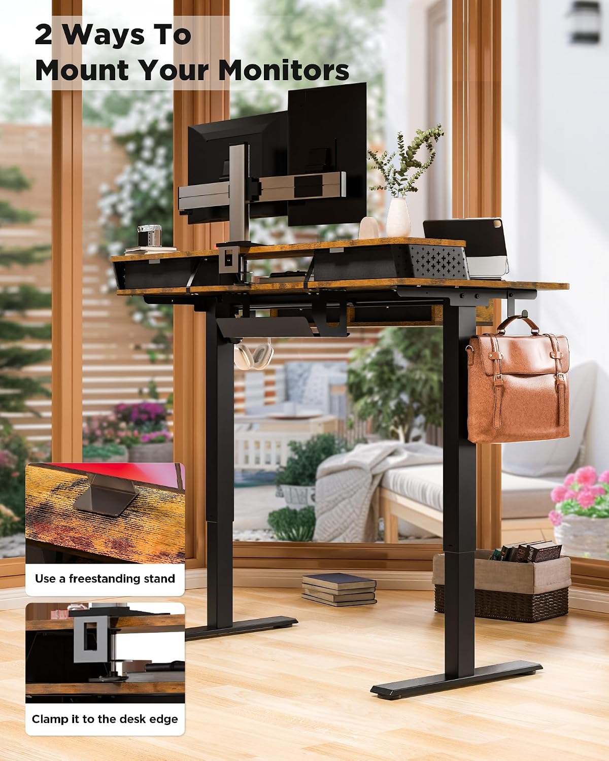 FiCiHi Electric Standing Desk with Four Drawers, 40 x 24 Inch Adjustable Height Sit Stand Desk, C-Clamp Compatible Home Office Desk with Storage Shelf & Monitor Stand Riser, Rustic Brown