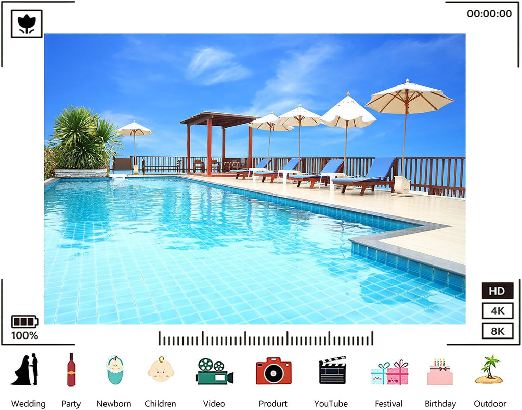 Trykid 20x10ft Luxury Poolside Backdrop Clear Blue Water White Umbrellas Wooden Lounge Chairs Photography Background Tropical Wedding Pool Party Decoration Photo Booth Prop Fabric