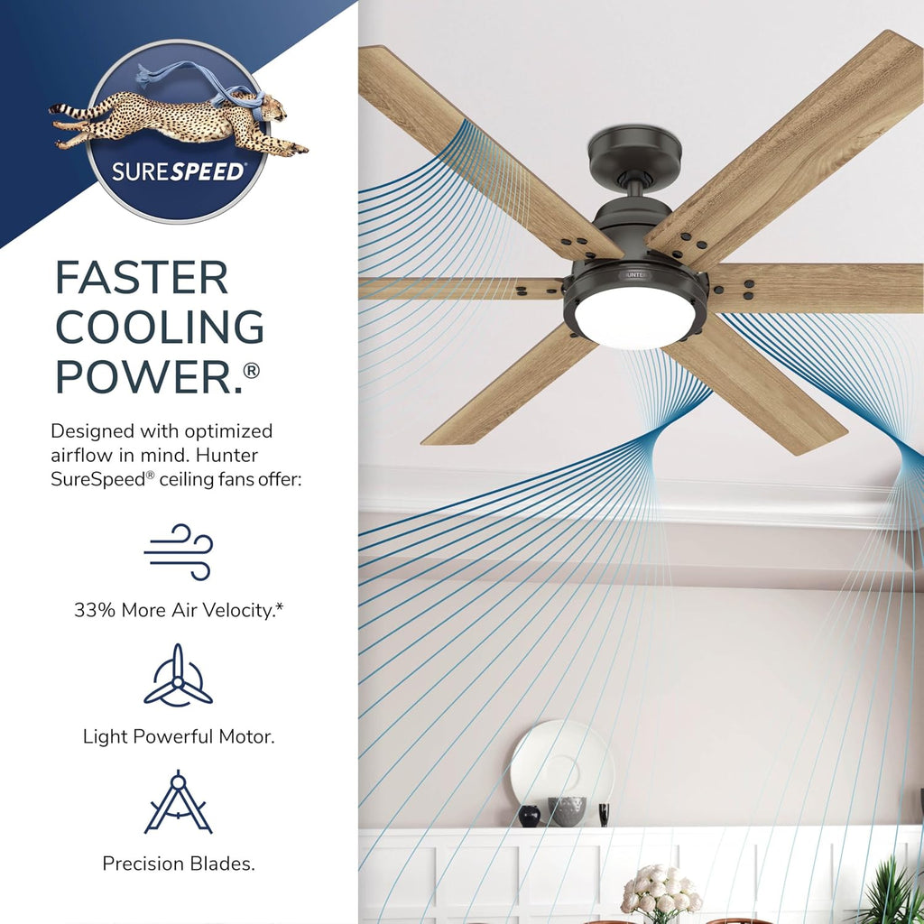 Hunter 60 inch Indoor Ceiling Fan with LED Light and Remote Control - Black Smart Ceiling Fan, Standard Mount, 6 Blades, For Bedroom or Living Room, Quiet - Gravity 51951, Matte Black