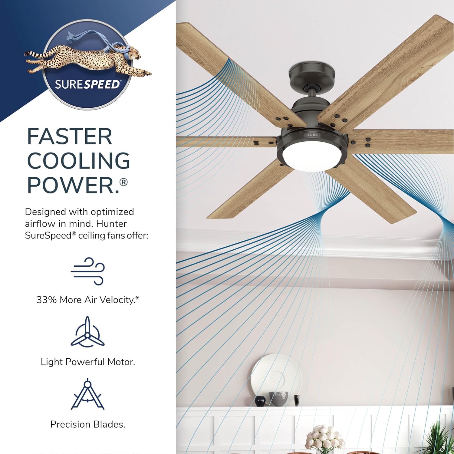 Hunter 60 inch Indoor Ceiling Fan with LED Light and Remote Control - Black Smart Ceiling Fan, Standard Mount, 6 Blades, For Bedroom or Living Room, Quiet - Gravity 51951, Matte Black