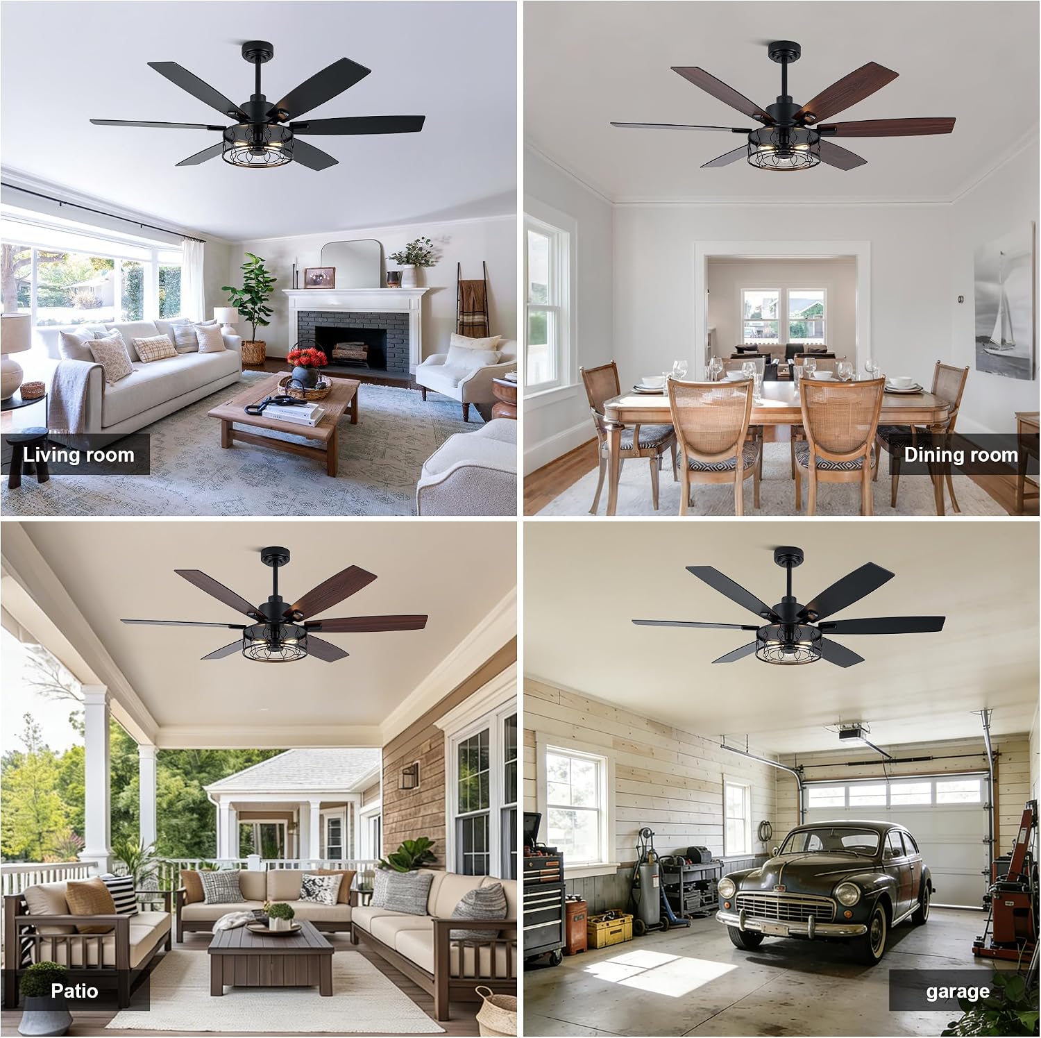 Farmhouse Ceiling Fan with Lights 60 Inch Rustic Ceiling Fan Black Caged Fandelier Large Chandelier Light for Living Room Indoor Outdoor, Reversible DC Motor 6 Speeds, 3 E26 Bulbs