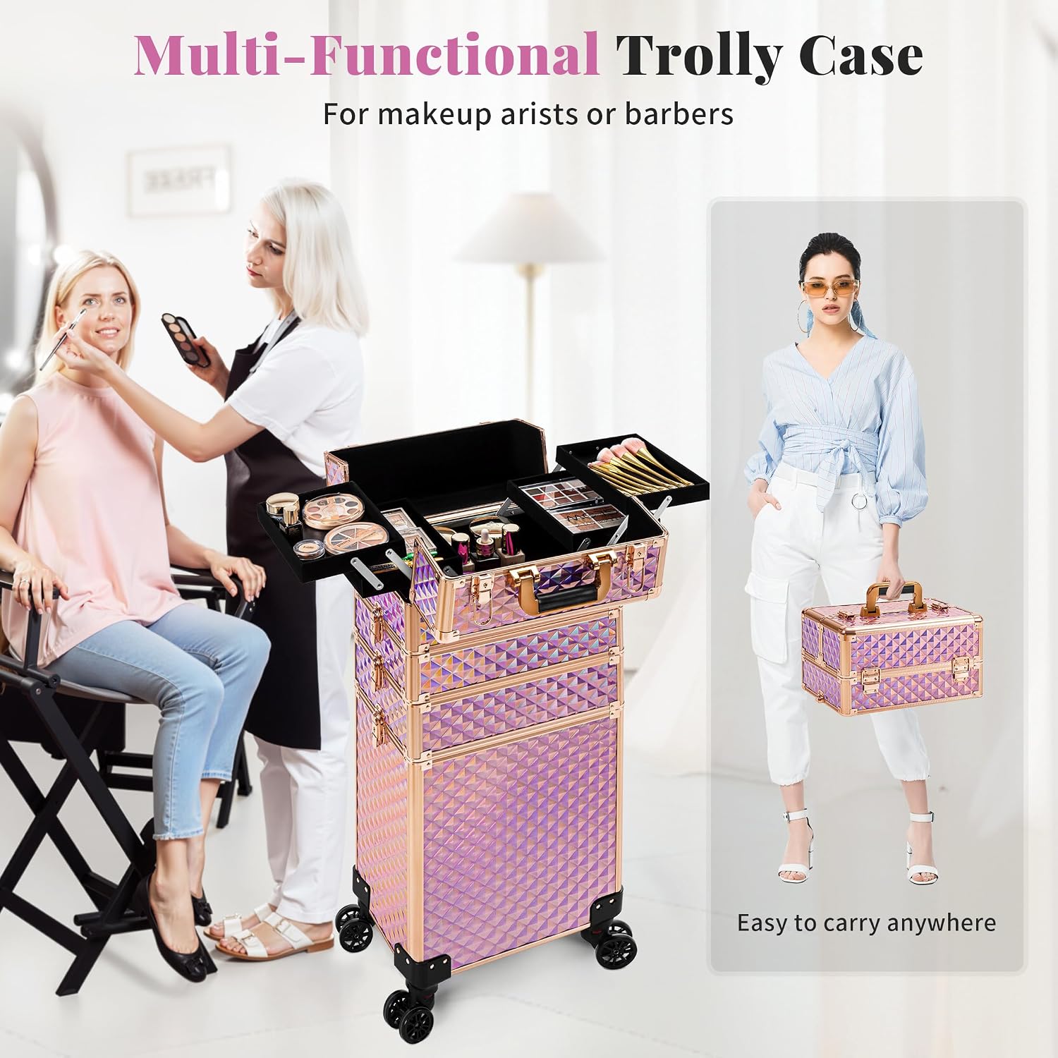 AROUS Rolling Makeup Train Case 4 in 1 Cosmetology Case on Wheels Large Storage Cosmetic Trolley with Key Salon Barber Case Traveling Cart Trunk, Pink