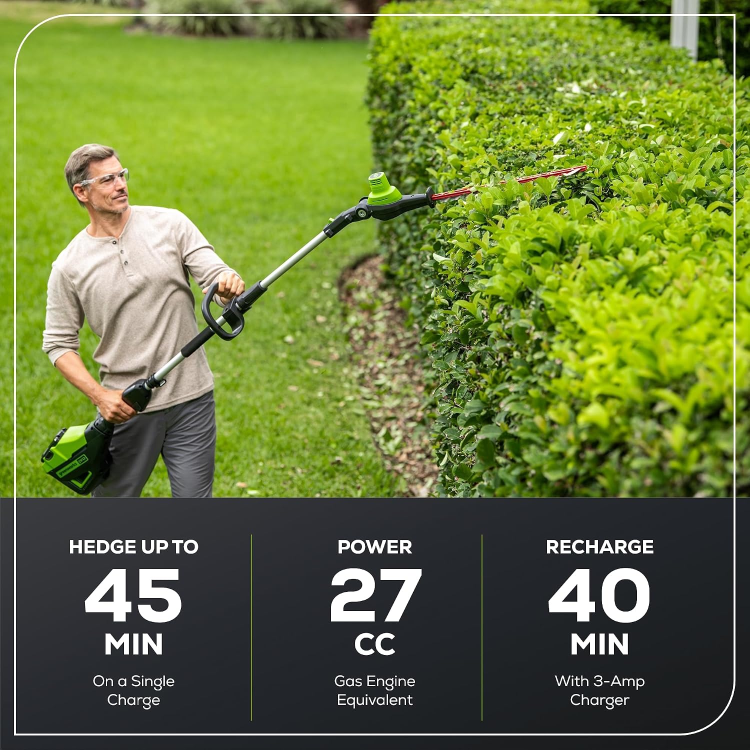 Greenworks 60V 20' Brushless Cordless Battery Powered Pole Hedge Trimmer, 2.0Ah Battery and Charger Included