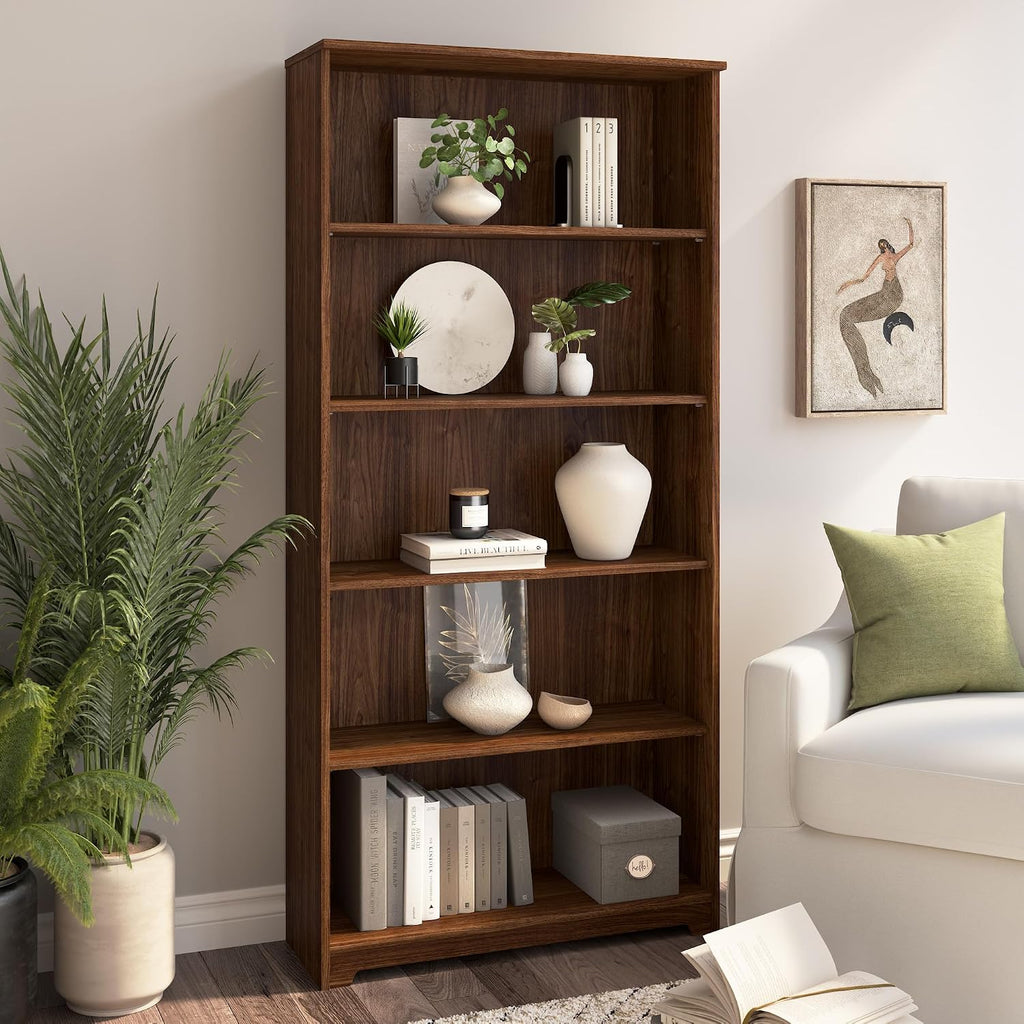 Bush Furniture Tall 5 Shelf Bookcase, Large Open Bookshelf, Sturdy Display Cabinet for Living Room or Home Office, Cabot Collection, Modern Walnut