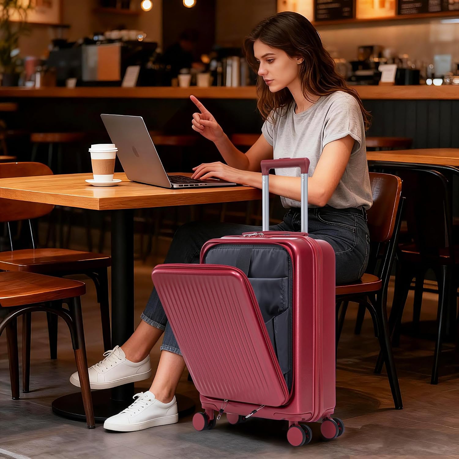 Two-piece luggage set with swivel wheels black hard shell 20-inch carry-on and 14-inch vanity case (Red)