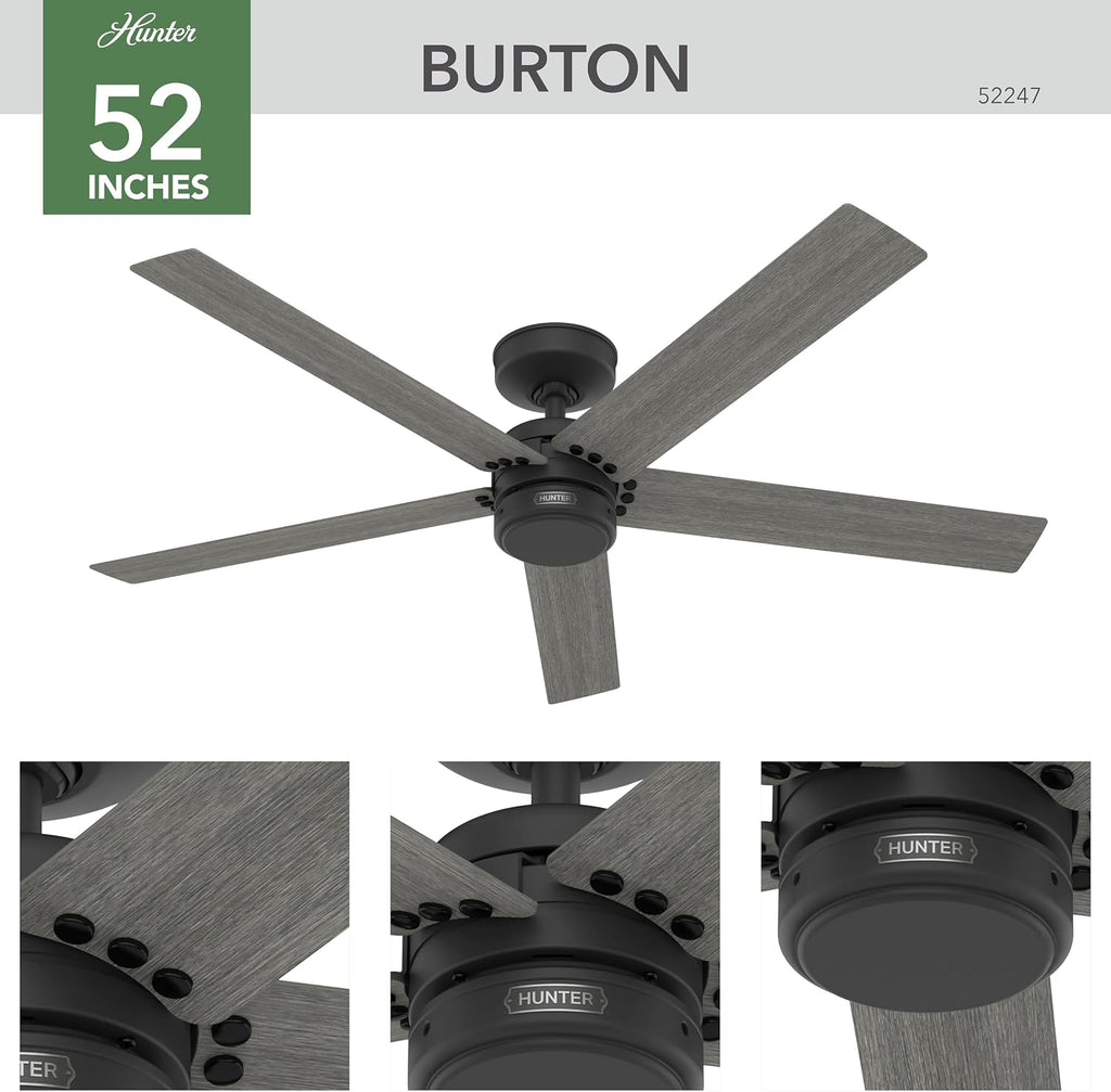Hunter 52 inch Outdoor or Indoor Ceiling Fan No Light - Black Ceiling Fan without Light, For Patio, Porch, Garage, or Living Room, Standard Mount, 5 Blades, Wall Control - Burton 52247, Matte Black