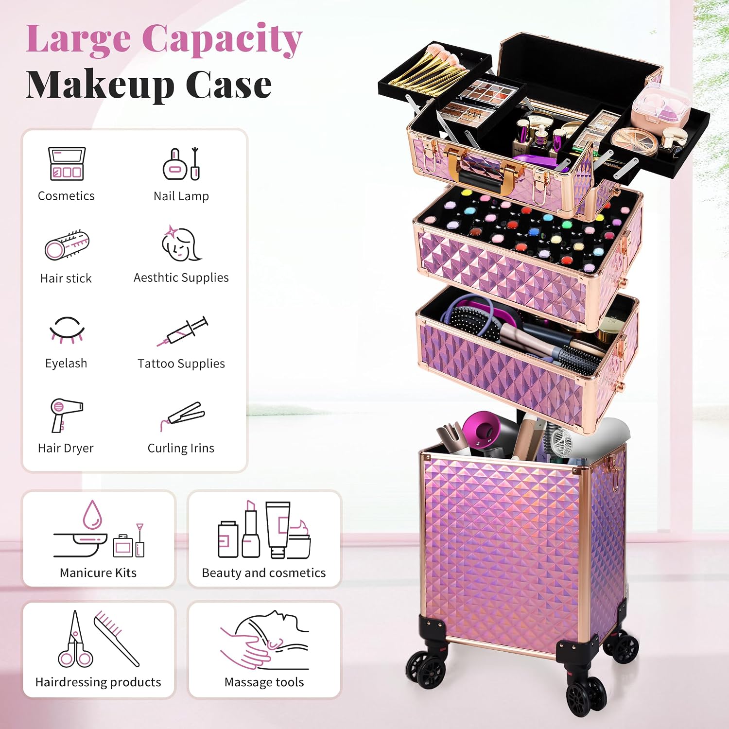 AROUS Rolling Makeup Train Case 4 in 1 Cosmetology Case on Wheels Large Storage Cosmetic Trolley with Key Salon Barber Case Traveling Cart Trunk, Pink