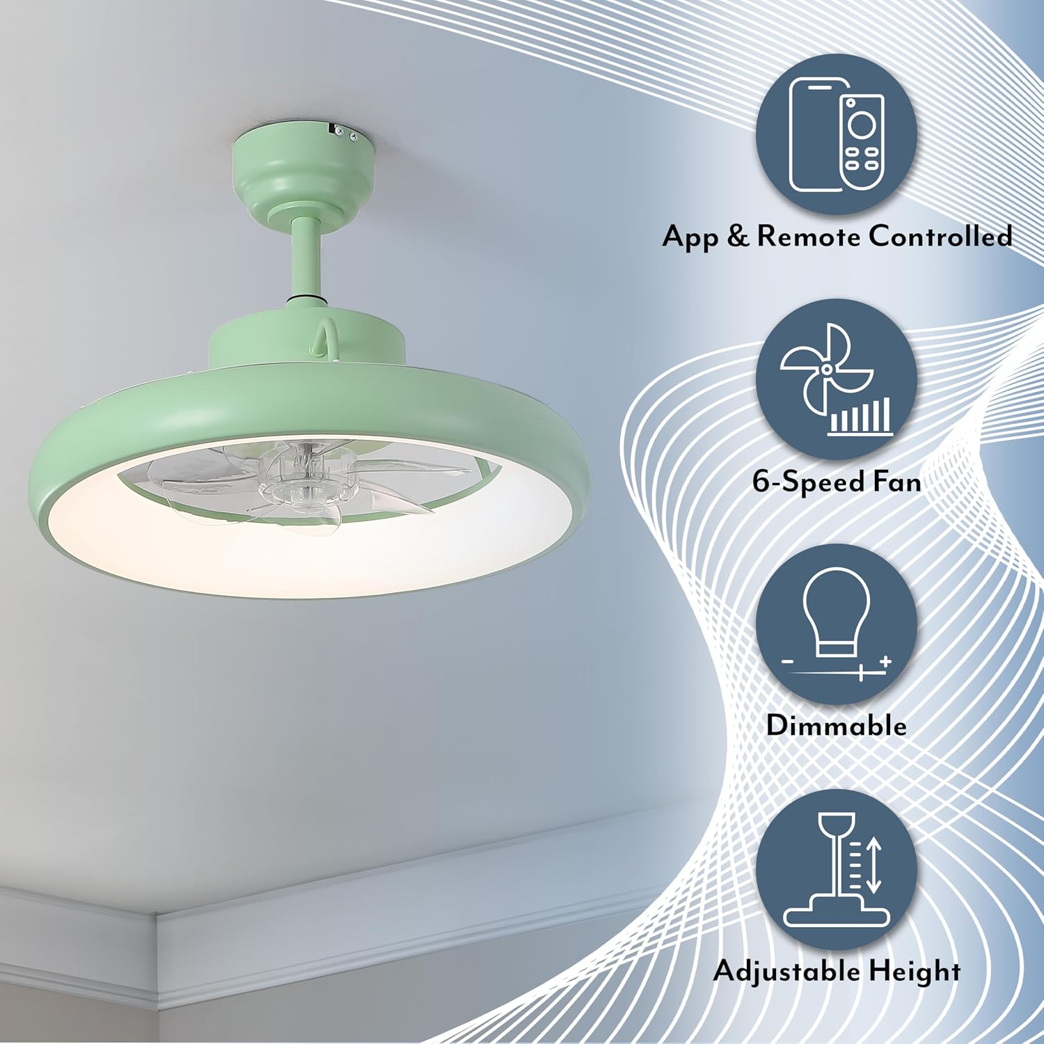 Oval AIR Loren 20' Small Smart Ceiling Fan with Light, Semi Flush Mount, Quiet 6-Speed Reversible Motor, Dimmable LED, Adjustable CCT, App & Remote Control, Scandinavian, Mint AIR8002C