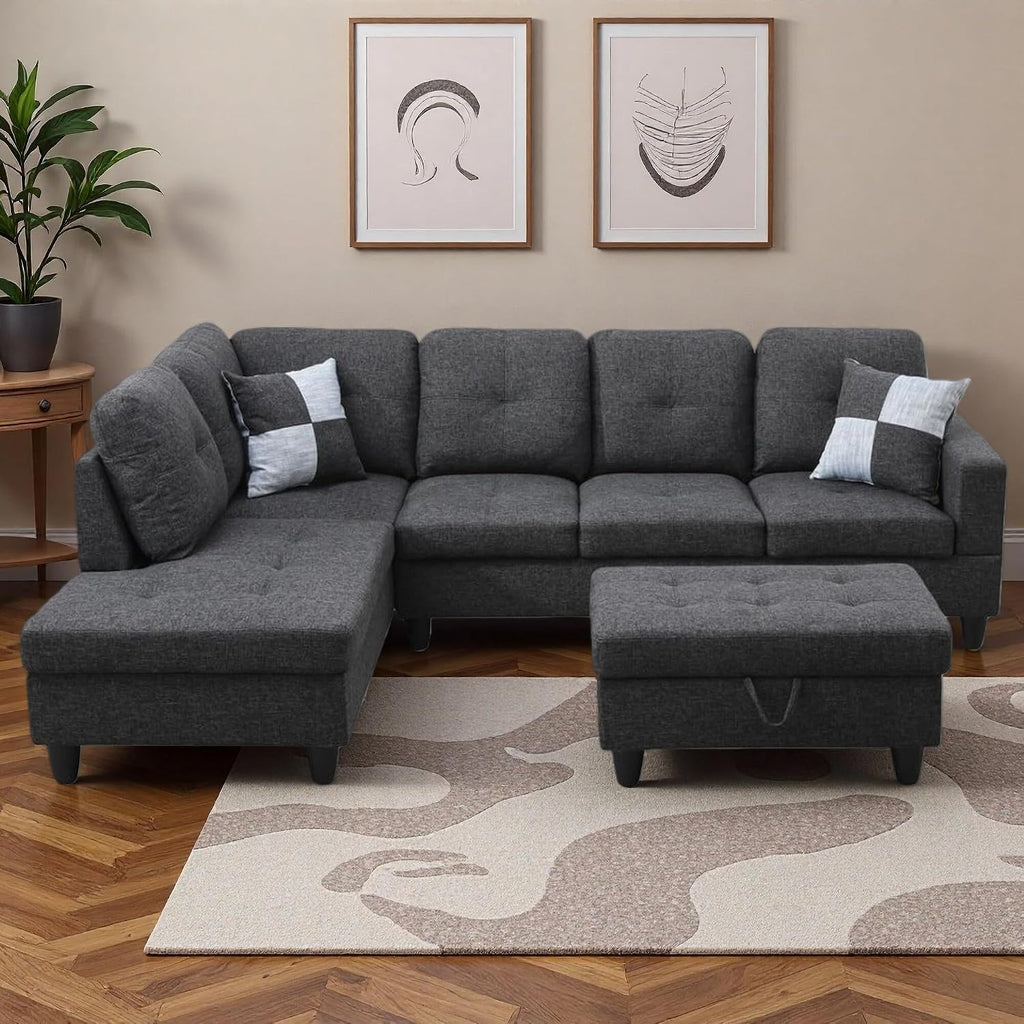 103.5' Sectional Couches for Living Room, Leather 4 Seat L Shaped Couch with Chaise, 3-Piece Modular Sofa with Storage Ottoman, Home Furniture Sets for Apartment Office, Black Grey