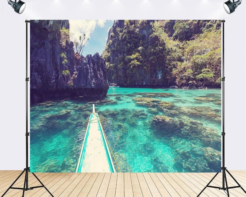 Trykid 20x10ft Turquoise Sea Cliff Boat Backdrop Tropical Karst Mountain Clear Water Island Nature Scenery Photography Background Summer Adventure Party Decoration Photo Booth Prop Fabric