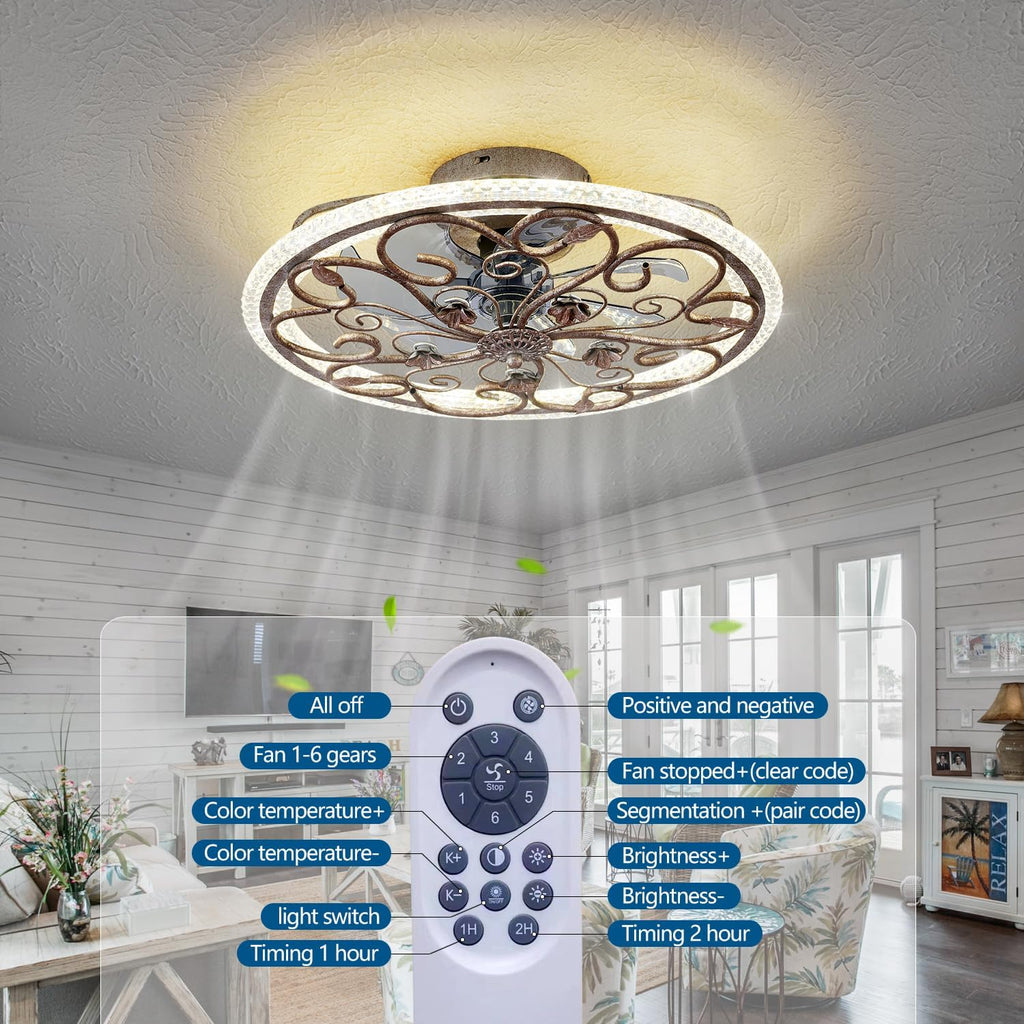 Rustic Caged Ceiling Fan with Lights Remote Control, Retro Industrial Ceiling Fan with Light for Kitchen Bedroom Living Room
