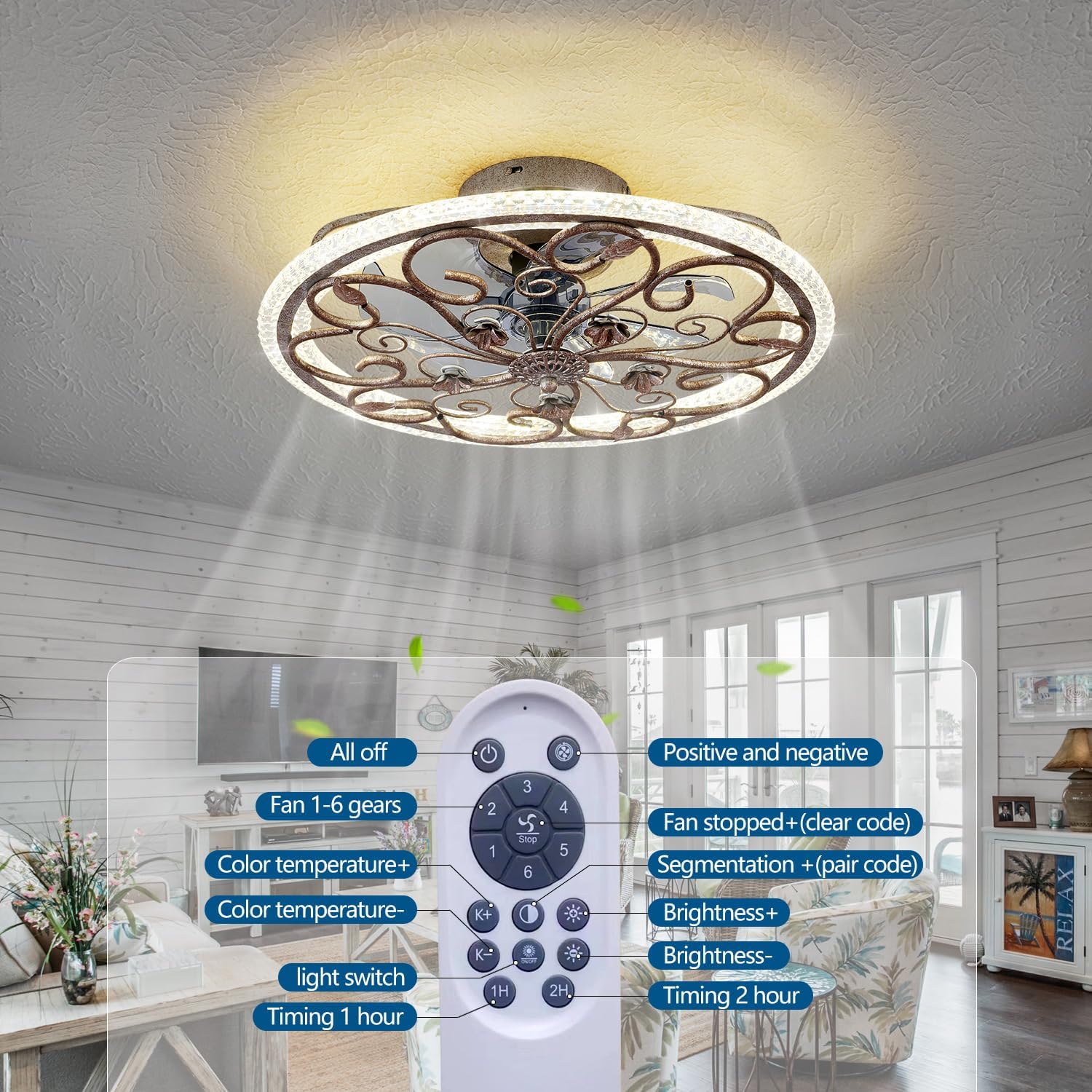 Rustic Caged Ceiling Fan with Lights Remote Control, Retro Industrial Ceiling Fan with Light for Kitchen Bedroom Living Room