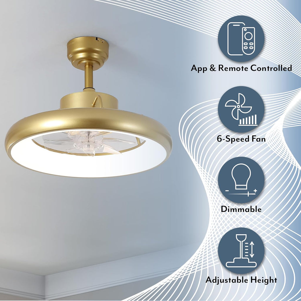 Oval AIR Loren 20' Small Smart Ceiling Fan with Light, Semi Flush Mount, Quiet 6-Speed Reversible Motor, Dimmable LED, Adjustable CCT, App & Remote Control, Modern Glam, Gold AIR8002A
